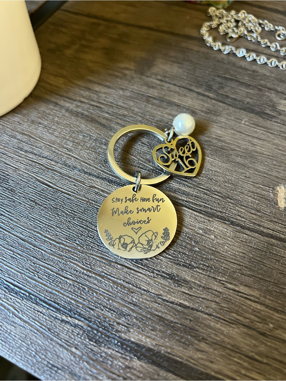 Sweet 16- Silver Heart & Disc Keychain with Pearl Accent